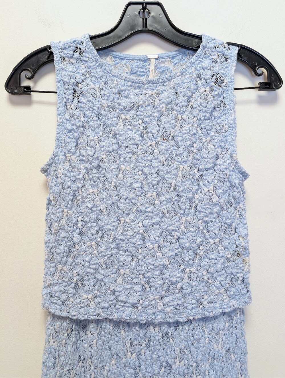 Free People XS Blue Lace Knit Crop Top & Midi Skirt Set Boho Cottagecore - Picture 3 of 16